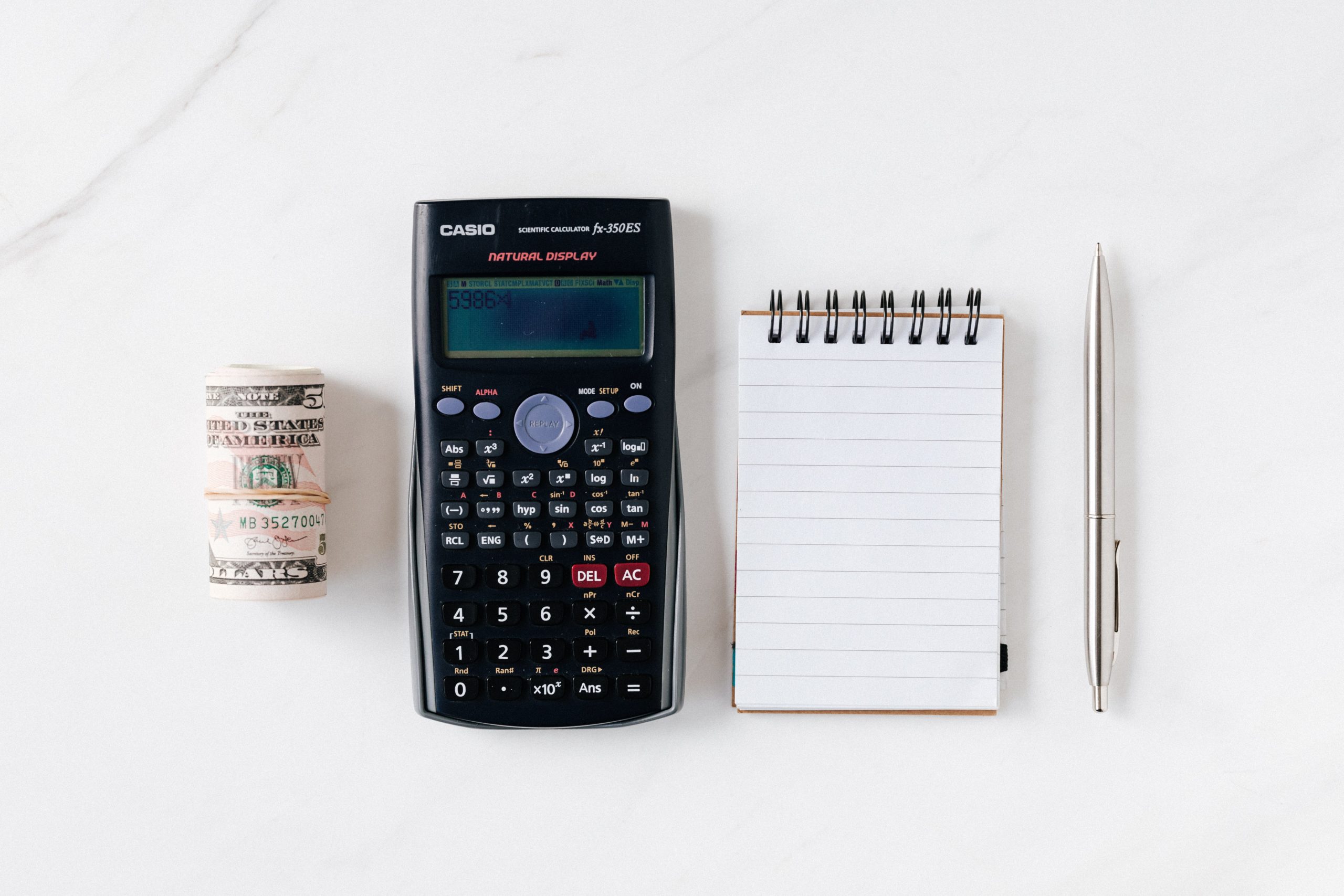 Roll of cash, calculator, notepad, pen.